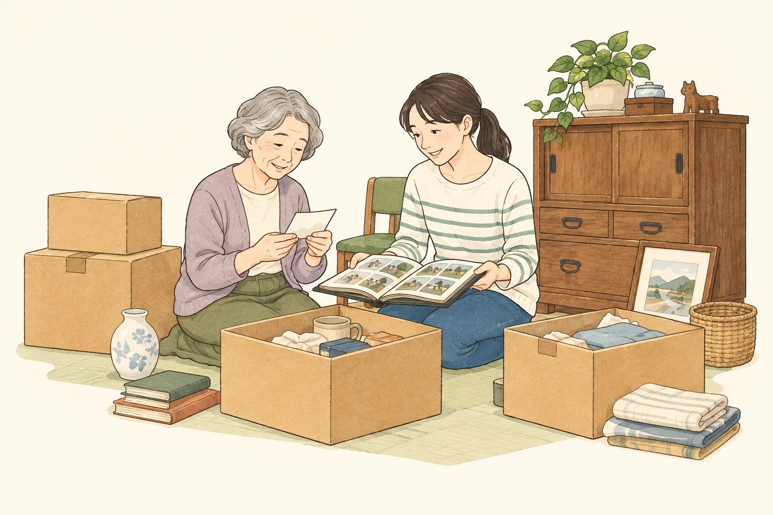 家族で家財と思い出の品を整理するイラスト
