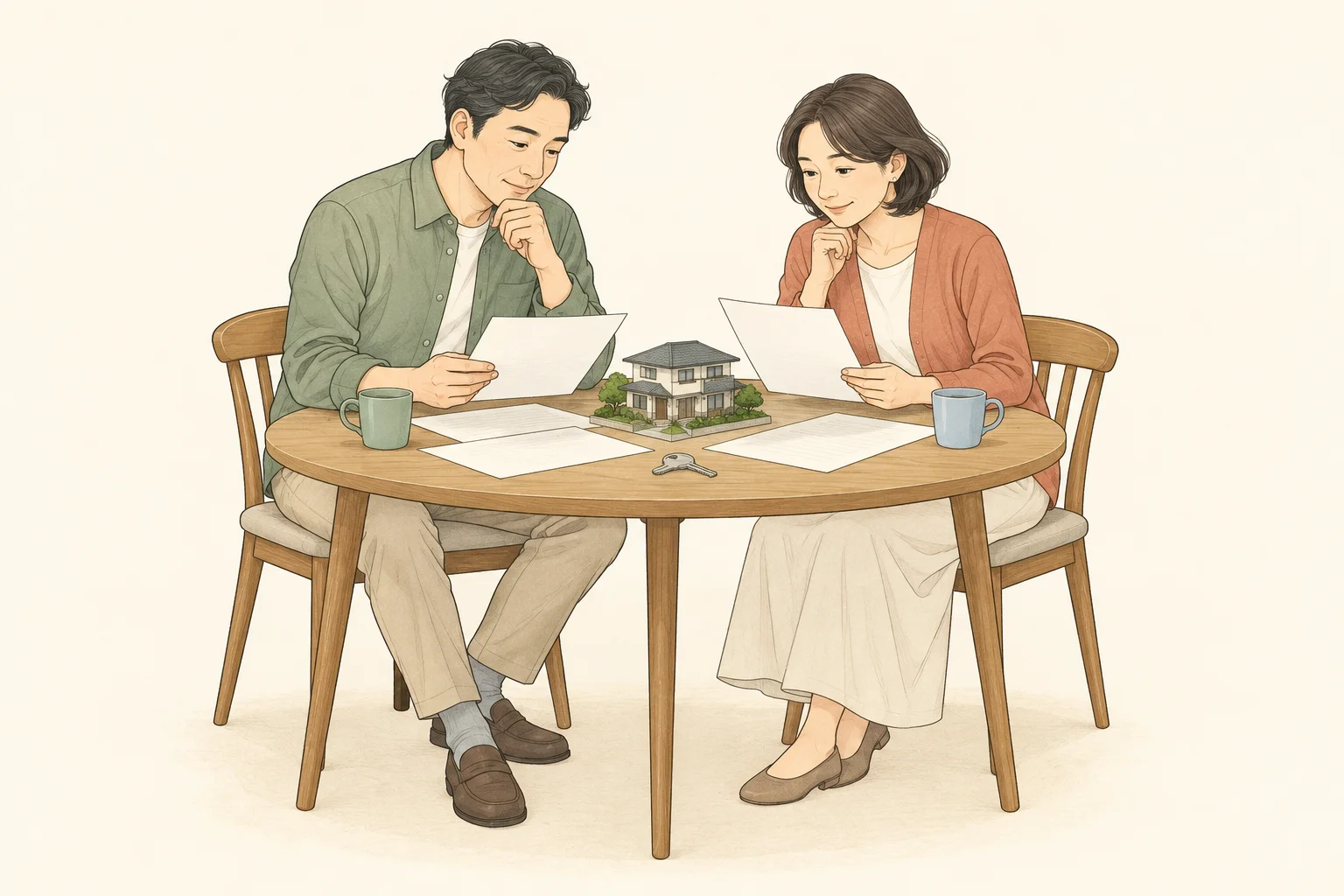 家族で実家の資料と今後の予定を確認するイラスト